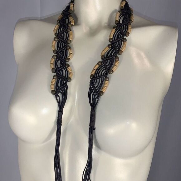 Vintage 00s y2k Woven Macramé Boho Brown Faux Leather Tie Rope Belt with Wooden - Picture 11 of 11